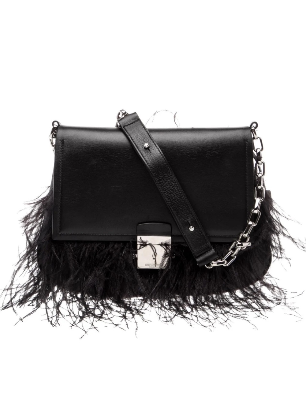 Michael Kors Collection Black Feather-Trim Shoulder Bag with Chain Strap